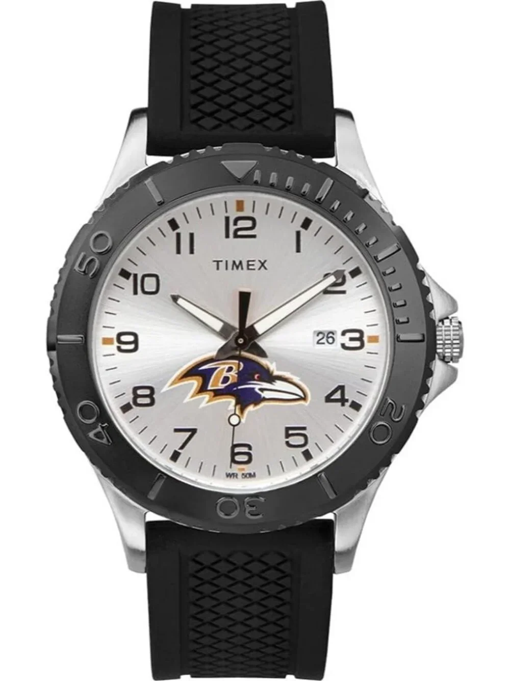 Men's Silver Black Rubber Band Analog NFL Gamer Baltimore Ravens Luminant Watch - Picture 1 of 1